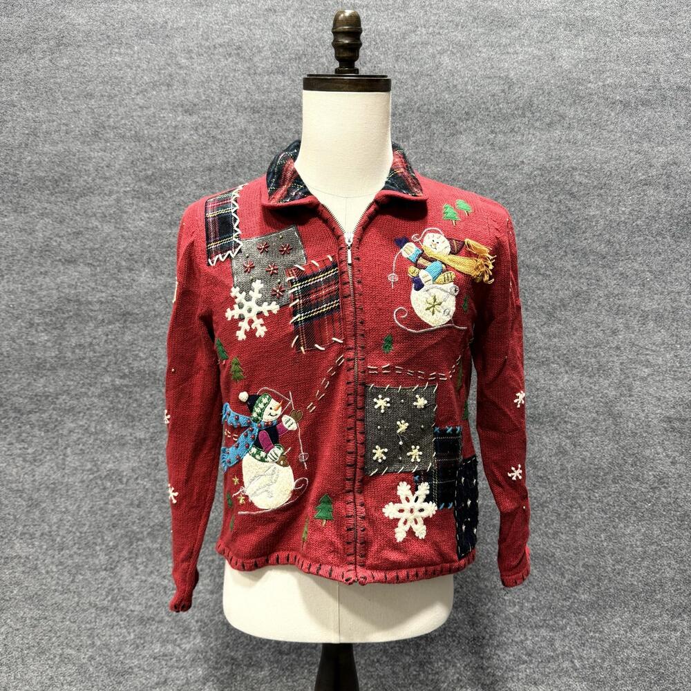 Designers Originals Studio Joy Sweater Womens PL Red Christmas Snowman Full Zip